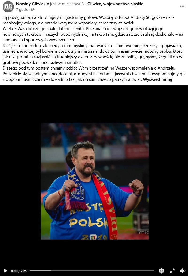 Wpis „Nowin Gliwickich” o śmierci Andrzeja Sługockiego