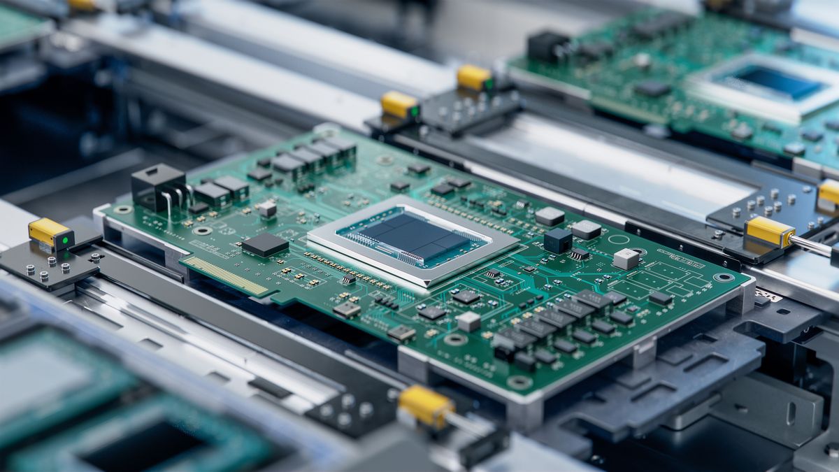procesor komputer Circuit Board with Advanced Microchip on Assembly Line. Electronic Devices Production Industry. Fully Automated PCB Assembly Line. Electronics Manufacturing Facility or FactoryIvan MilovanovAI Accelerator, Advanced, Automated, Automation, Chip, Circuit Board, Computer, Conveyor, Development, Devices, Electronic, Electronics, Engineering, Equipment, Facility, Factory, Hardware, Industrial, Industry, Line, Manufacturing, PCB, Processor, Production, Robot arm, Semiconductor, Technology, artificial intelligence acceleration board, assembly, autonomous, bright, cleanroom, closeup, component, connected, fabrication, gpu, industrialization, industry 4.0, machine, manufacture, microchip, motherboard, performance, printed circuit board, product, robot, robotics