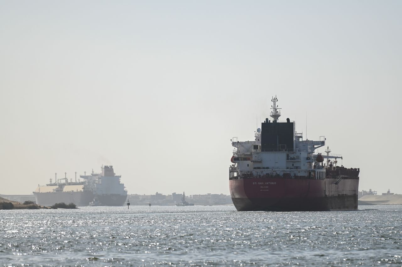 A ship sailing through the Suez Canal towards the Red Sea in Ismailia, Egypt.
