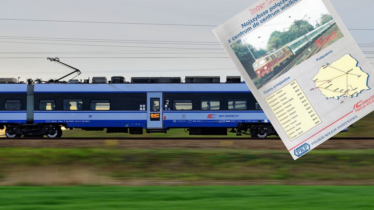 Na zdjęciu pociąg PKP Intercity. W prawym górnym rogu nałożona jest archiwalna ulotka PKP Intercity