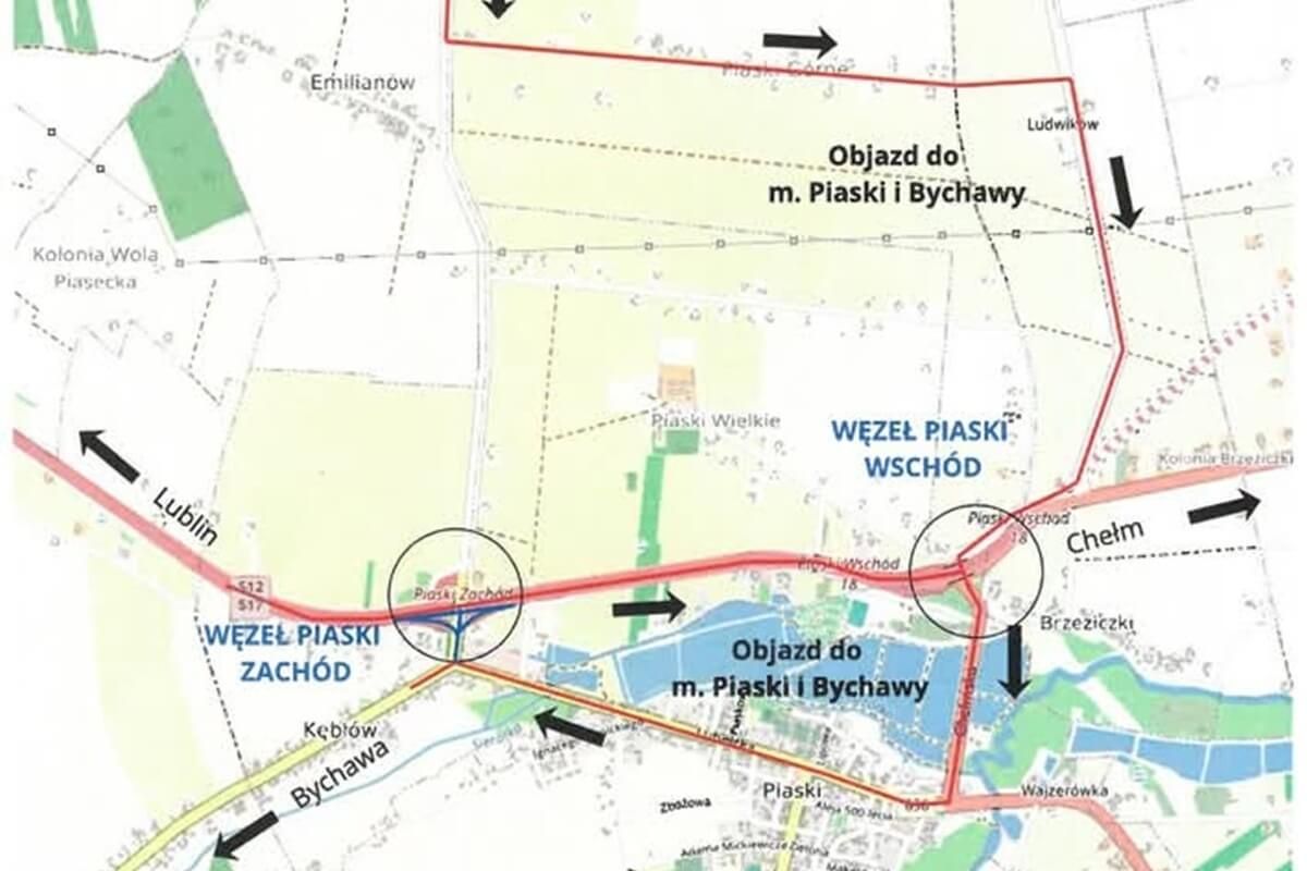 Mapa objazdu na czas zamknięcia węzła S12/S17 Piaski Zachód