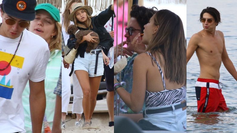 Julia Wieniawa z Nikodemem Rozbickim i Jessica Mercedes z Kubą Karasiem na plaży w Gdyni