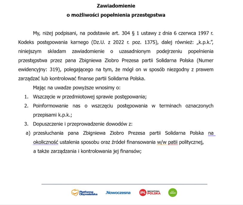 Zawiadomienie PO do prokuratury ws. maila premiera dotyczącym Zbigniewa Ziobry.