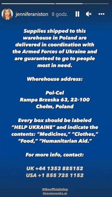 Jennifer Aniston apeluje o pomoc Ukrainie
