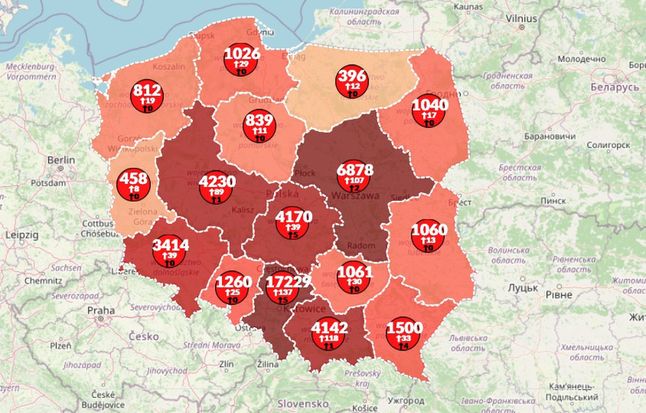 Mapa zakażeń COVID-19 w Polsce (stan na 6 sierpnia 2020)