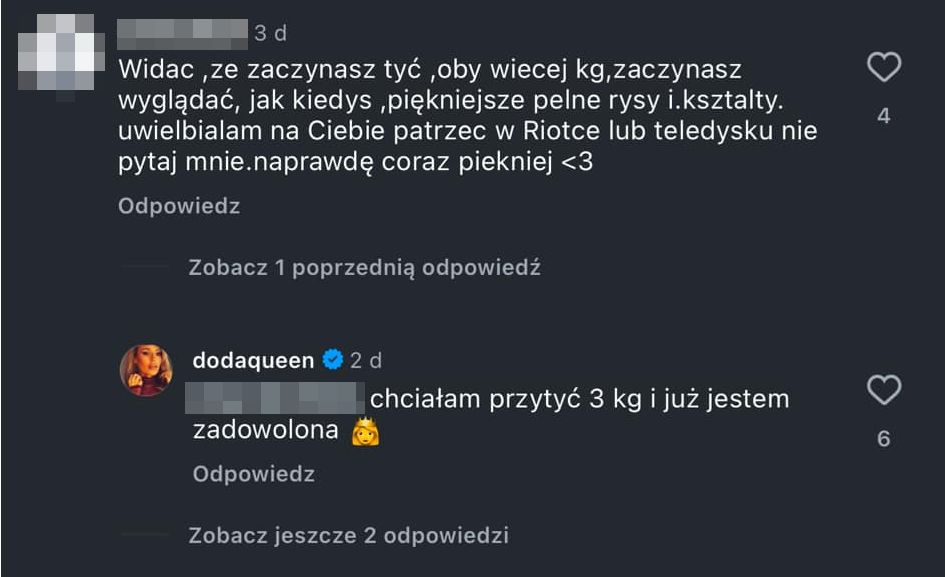 Doda wymienia komentarze z internautką