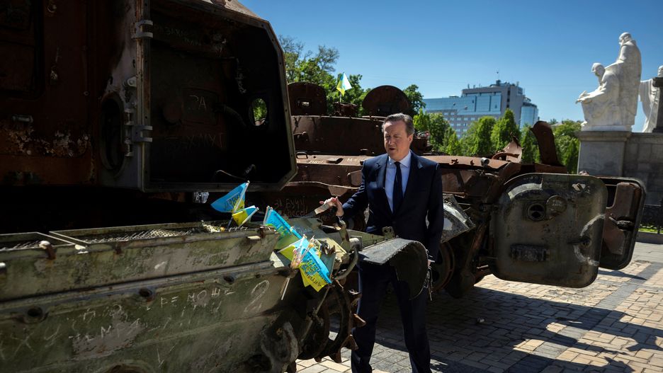 KYIV, UKRAINE - MAY 2: Britain's Foreign Secretary David Cameron walks past a display of destroyed Russian military vehicles in Saint Michael's Square, amid Russia's attack on Ukraine on May 2, 2024 in Kyiv, Ukraine. (Photo by Thomas Peter-Pool/Getty Images)