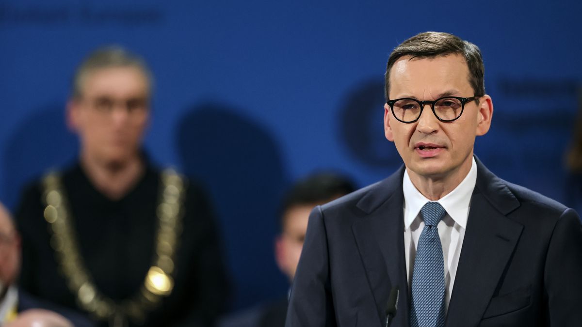 AACHEN, GERMANY - MAY 14: Polish Prime Minister Mateusz Morawiecki (R) delivers a speech during the Charlemagne Prize (Karlspreis) ceremony in the town hall on May 14, 2023 in Aachen, Germany. This year's prize will be awarded to Ukraine's President Volodymyr Zelensky and the Ukrainian people. The International Charlemagne Prize of Aachen has been awarded annually since 1950 to people who have contributed to the ideals upon which Europe has been founded.  (Photo by Friedemann Vogel - Pool/Getty Images)