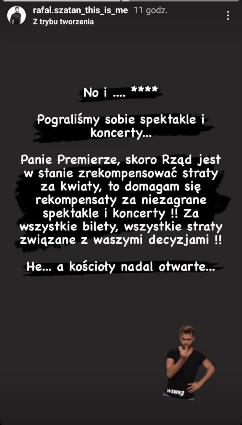 Rafał Szatan narzeka na nowe rządowe obostrzenia 