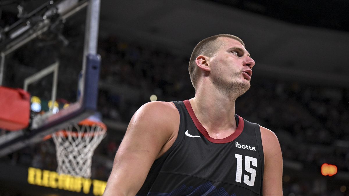 DENVER, CO - MAY 19: Nikola Jokic (15) of the Denver Nuggets reacts to drawing a foul during the fourth quarter of the Minnesota Timberwolves' 98-90 win at Ball Arena in Denver on Sunday, May 19, 2024. (Photo by AAron Ontiveroz/The Denver Post)