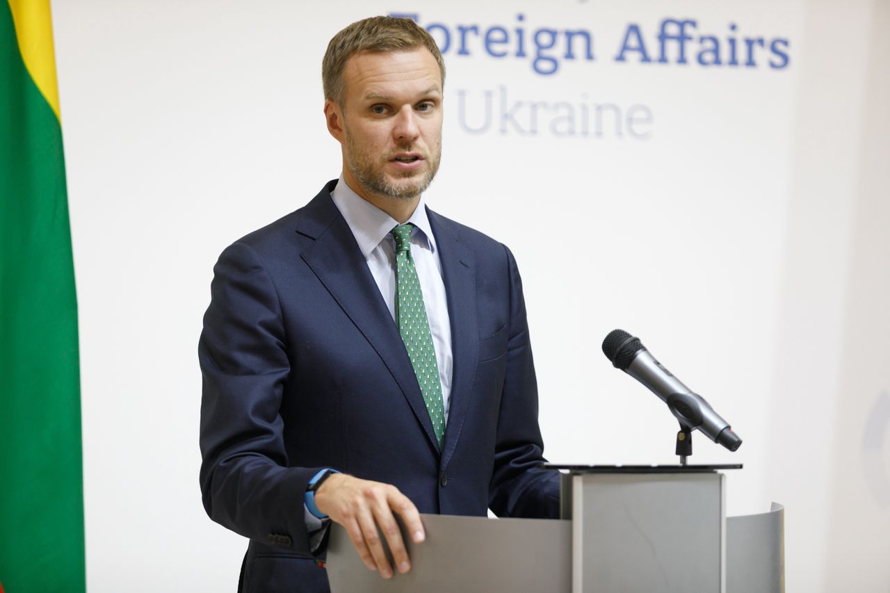 KYIV, UKRAINE - SEPTEMBER 13, 2024 - Minister of Foreign Affairs of the Republic of Lithuania Gabrielius Landsbergis attends a joint news conference with Minister of Foreign Affairs of Ukraine Andrii Sybiha, in Kyiv.  (Photo credit should read KIRILL CHUBOTIN / Ukrinform/Future Publishing via Getty Images)