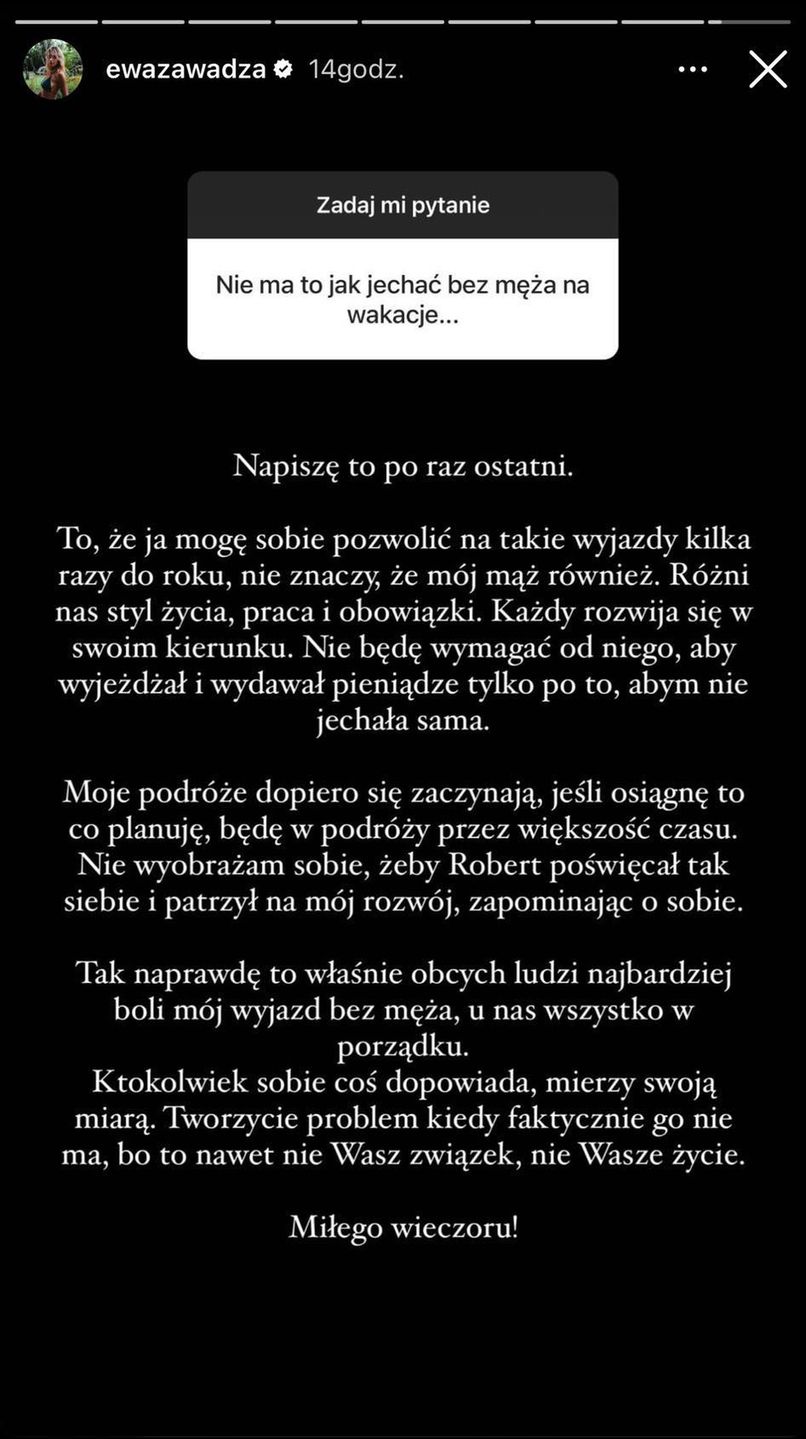 Ewa Zawada tłumaczy się z podróżowania bez męża