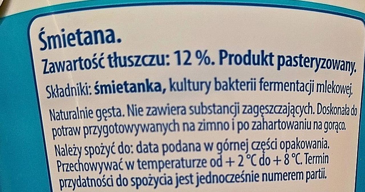 Przykładowy skład śmietany 12 proc.