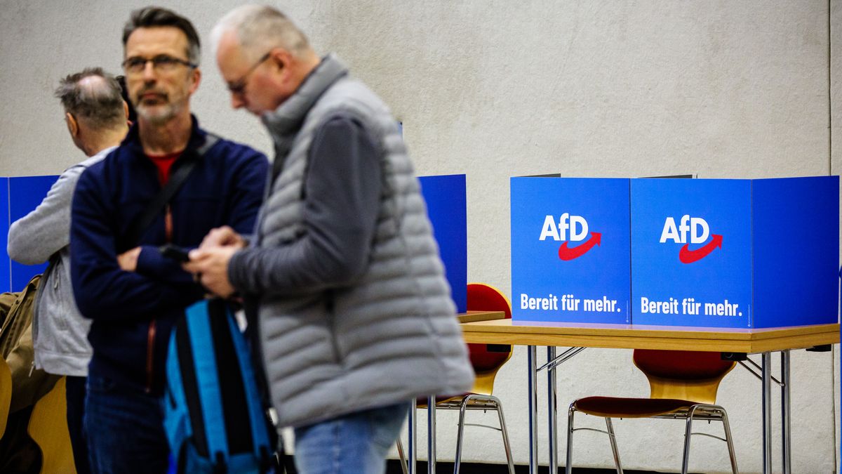 JUTERBOG, GERMANY - MARCH 16: Two voting booths at a state convention of the far-right Alternative for Germany (AfD) in the state of Brandenburg on March 16, 2024 in Juterbog, Germany. The AfD is currently leading in polls in Brandenburg as well as in two other eastern German state, Saxony and Thuringia. All three states are scheduled to hold state elections in September. (Photo by Jens Schlueter/Getty Images)