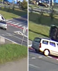 Groźny wypadek na rondzie. Bus przewrócił się na bok