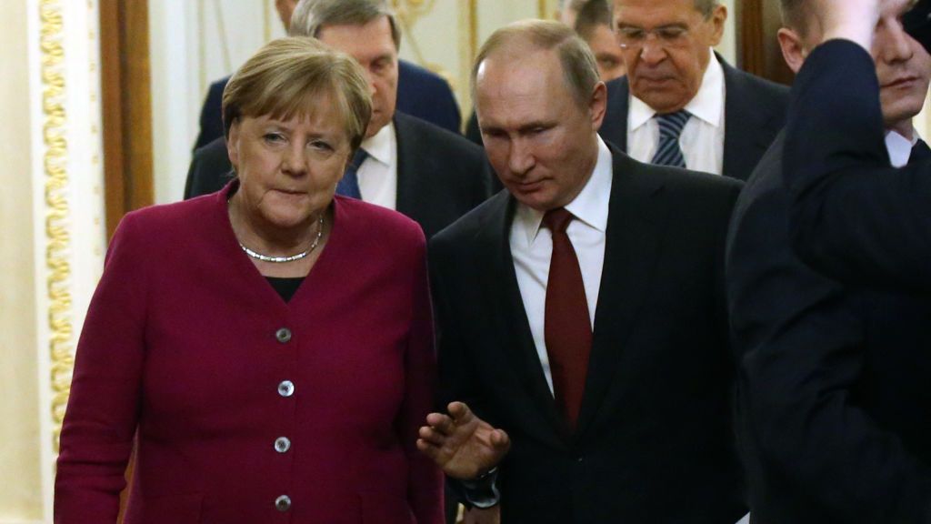 Russian President Vladimir Putin receives German Chancellor Angela Merkel in Moscow
MOSCOW, RUSSIA - JANUARY 11: (RUSSIA OUT) Russian President Vladimir Putin (R) and German Chancellor Angela Merkel (L) enter the hall during their joint press conference at the Kremlin, on January 11, 2020 in Moscow, Russia. German Chancellor Merkel is having a one-day work visit in Russia. (Photo by Mikhail Svetlov/Getty Images)
Mikhail Svetlov