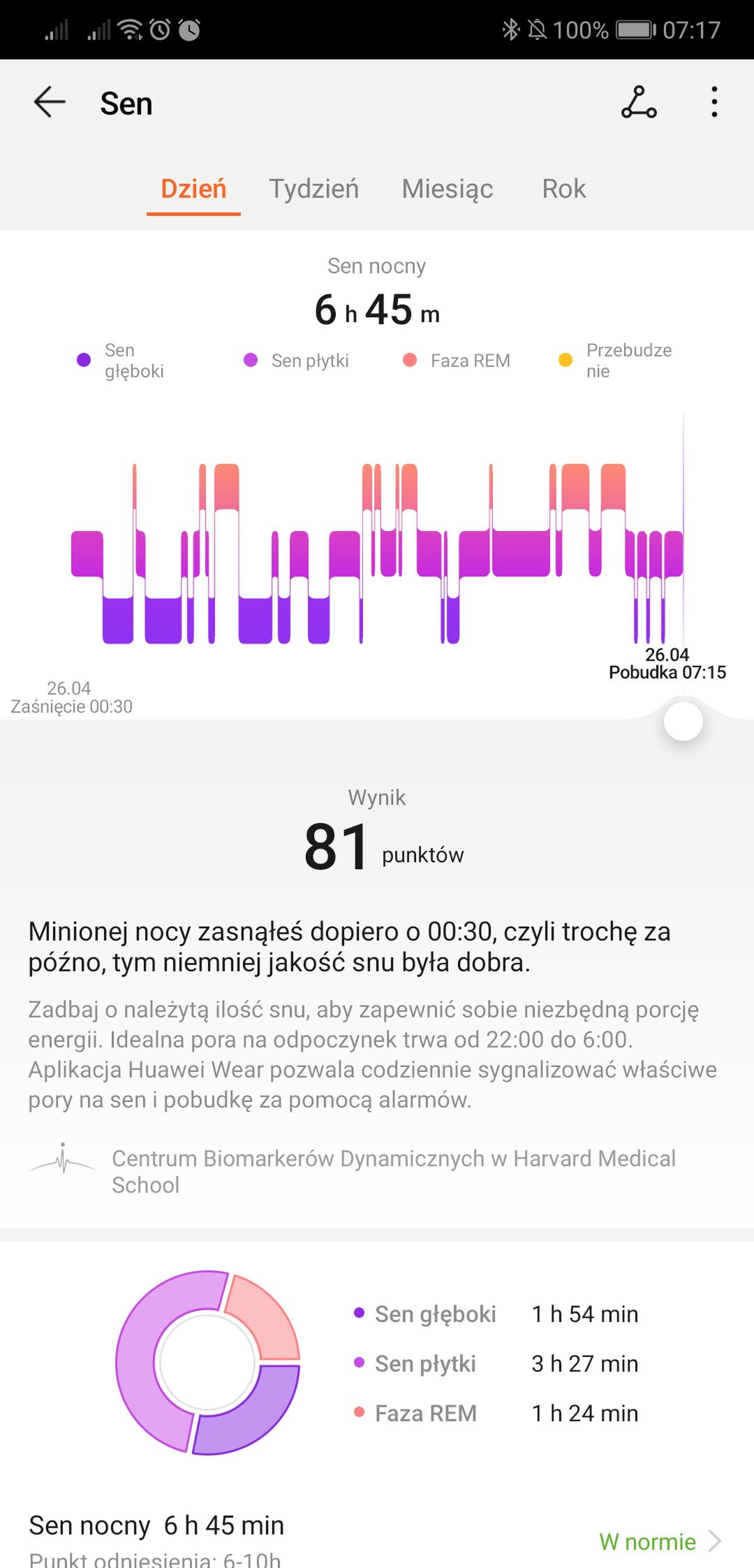 Informacje o ostatnim zarejestrowanym śnie.