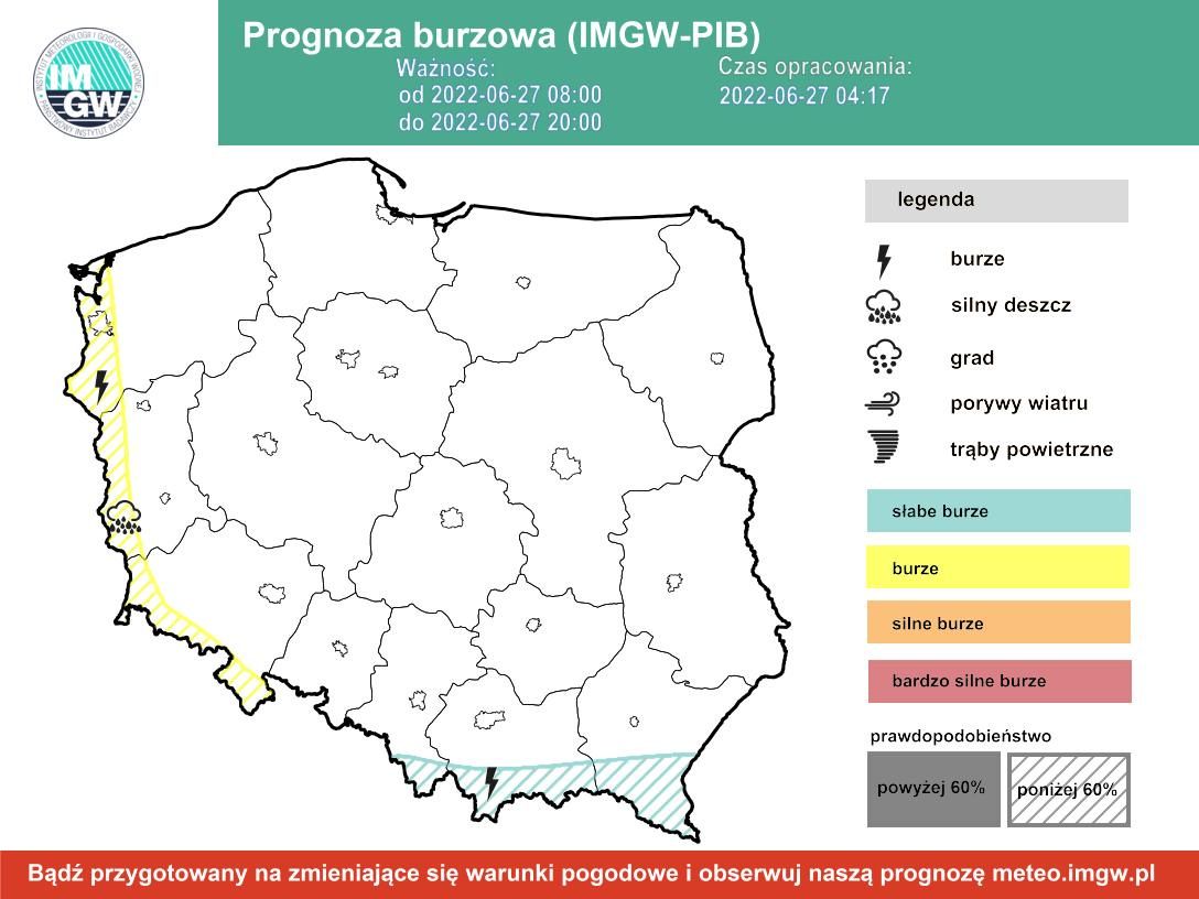 Prognoza burzowa IMGW w poniedziałek 27 czerwca [27.06 22]