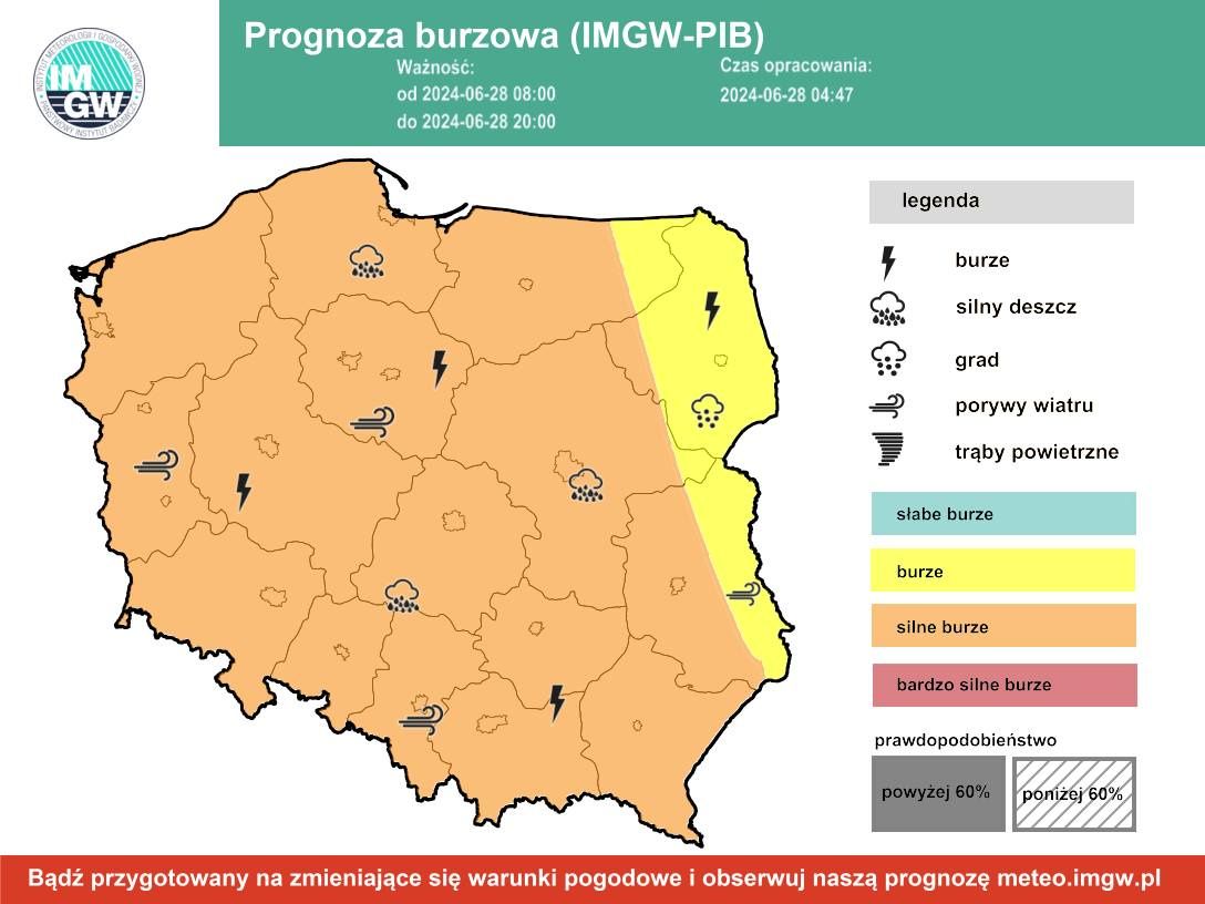 Prognoza burzowa IMGW na piątek, 28 czerwca 2024