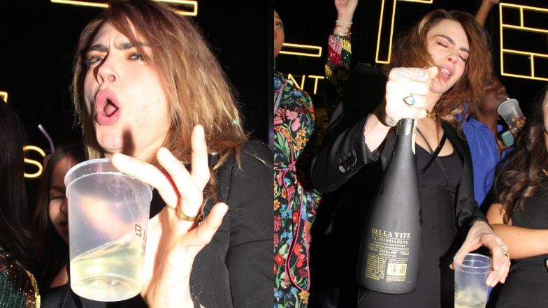 Cara Delevigne baluje z drinkiem i butelką prosecco 