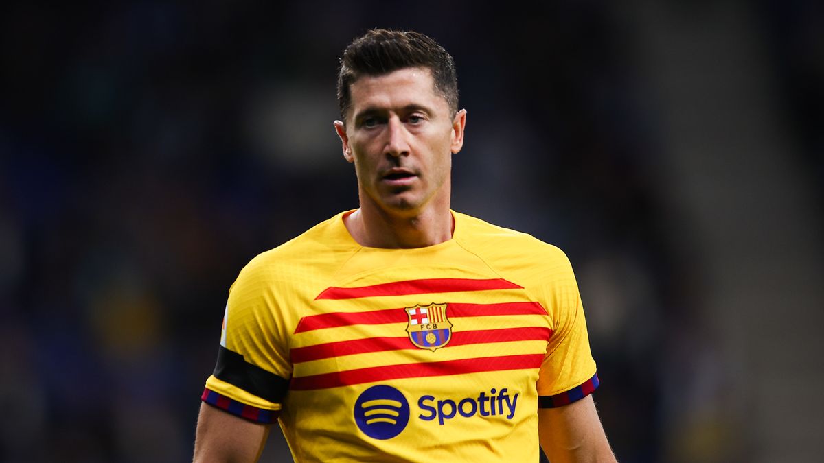 BARCELONA, SPAIN - MAY 14: Robert Lewandowski of FC Barcelona looks on during the LaLiga Santander match between RCD Espanyol and FC Barcelona at RCDE Stadium on May 14, 2023 in Barcelona, Spain. (Photo by Eric Alonso/Getty Images)