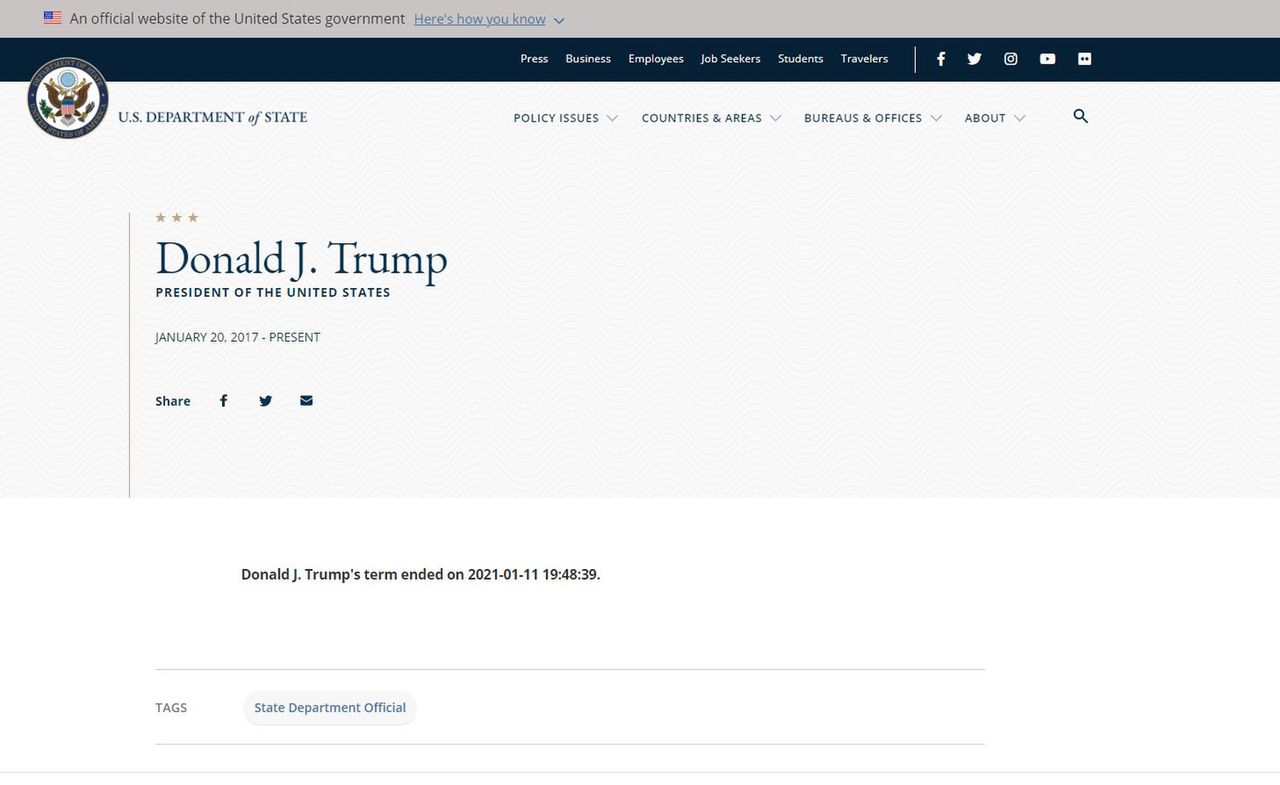 USA. Oficjalna strona Departamentu Stanu: Skończyła się kadencja Donalda Trumpa
