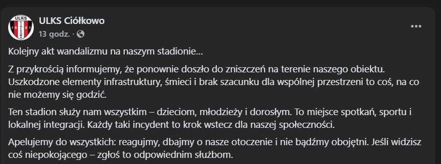 Wandalizm na stadionie w Ciółkowie 