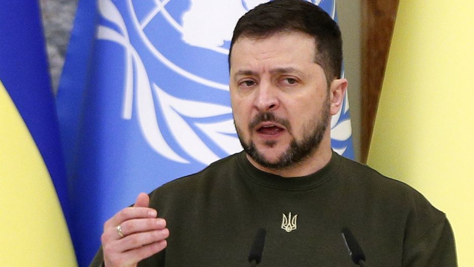 Ukrainian President Volodymyr Zelensky speaks during a joint statement with UN Secretary General Antonio Guterres following their meeting in Kyiv, Ukraine 08 March 2023, amid Russia's invasion of Ukraine. Antonio Guterres arrived in Ukraine to meet with top officials. (Photo by STR/NurPhoto via Getty Images)
