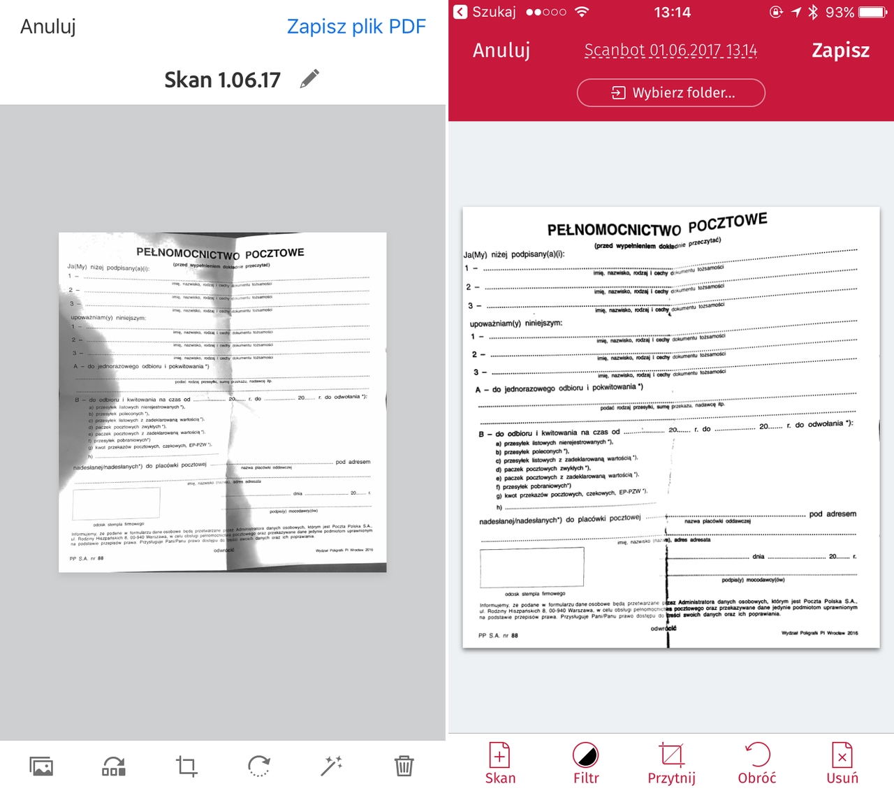 Ten sam dokument zeskanowany w aplikacjach Adobe Scan (po lewej) oraz ScanBot (po prawej)
