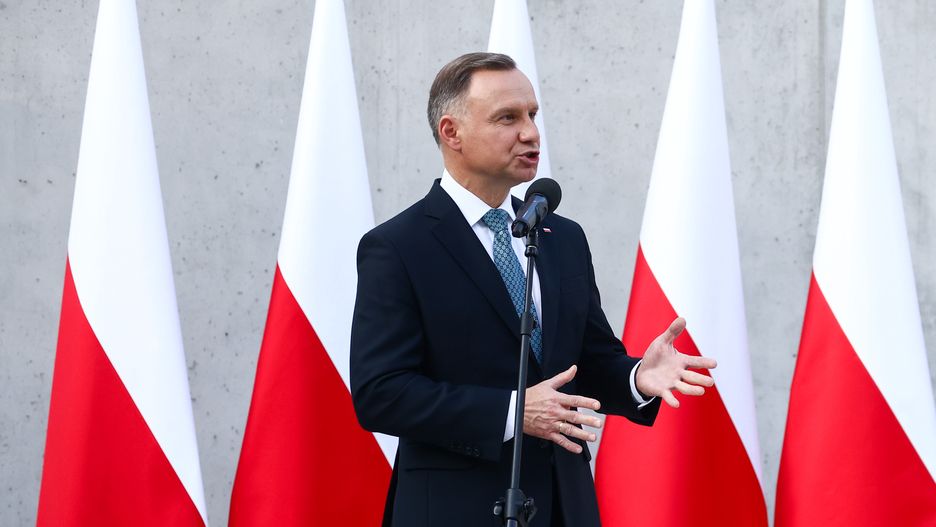 Andrzej Duda, the Polish President, speaks during an official opening of the Museum and Centre of the Scouting Movement In Krakow, Poland on September 29, 2023. (Photo by Beata Zawrzel/NurPhoto via Getty Images)