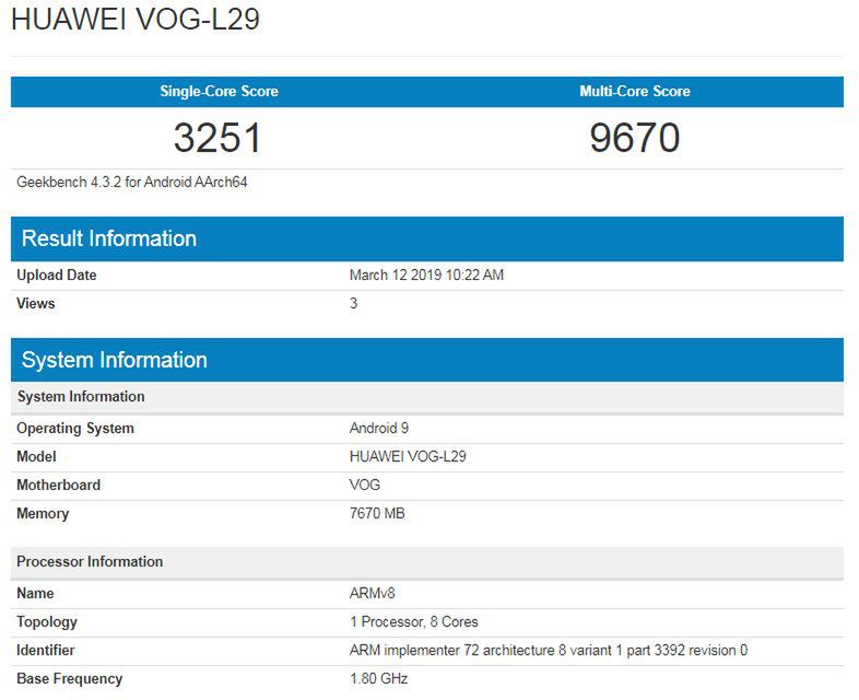 Huawei P30 Pro (VOG-L29) w bazie Geekbench