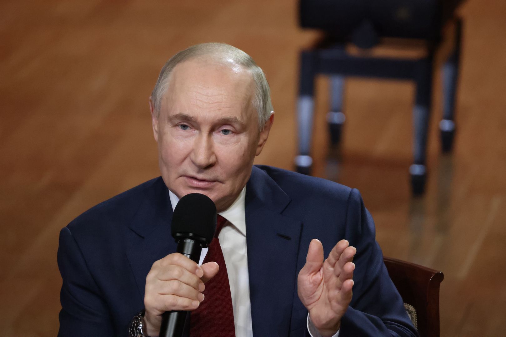 SIRIUS, RUSSIA - MAY 19: (RUSSIA OUT) Russian President Vladimir Putin speaks during his meeting with students at the Sirius Education Center For Talented Children, on May 19, 2025 in Sirius, Russia. Putin visited the Sirius Center, created in 2015 at the territory of former Black Sea Resort of Sochi. (Photo by Contributor/Getty Images)
