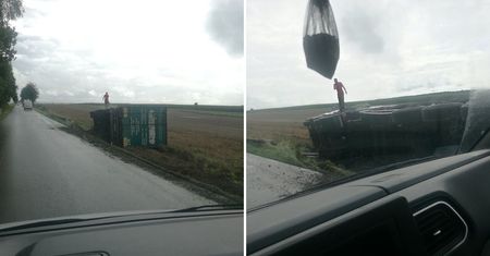 Chciał uniknąć zderzenia i zjechał na pobocze. Ciężarówka przewróciła się na bok