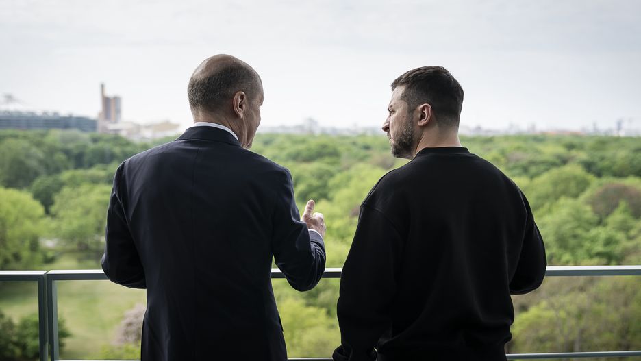 BERLIN, GERMANY - MAY 14: In this handout image provided by the German Government Press Office (BPA), German Chancellor Olaf Scholz receives the Ukrainian President Volodymyr Zelensky for talks in the Chancellery on May 14, 2023 in Berlin, Germany. This is Zelensky's first visit to Germany since Russia invaded Ukraine last year. Germany is among Ukraine's firmest supporters and has supplied its military with a wide range of weapons. Zelensky is scheduled to travel to Aachen later today, where he is to receive the International Charlemagne Prize.  (Photo by Jesco Denzel/Bundesregierung via Getty Images)