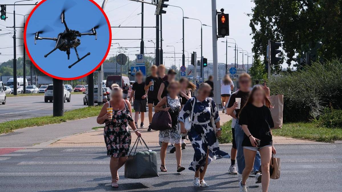 Piesi przechodzący na czerwonym świetle i policyjny dron