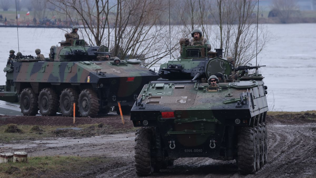 GNIEW, POLAND - MARCH 05: French troops in VBCI infantry fighting vehicles arrive after crossing the Vistula River during the NATO Dragon 24 military exercise on March 05, 2024 near Gniew, Poland. Dragon 24 is involving troops from 10 different nations and is part of Steadfast Defender, an ongoing set of NATO military manoeuvres across Europe that is involving 90,000 troops. (Photo by Sean Gallup/Getty Images)