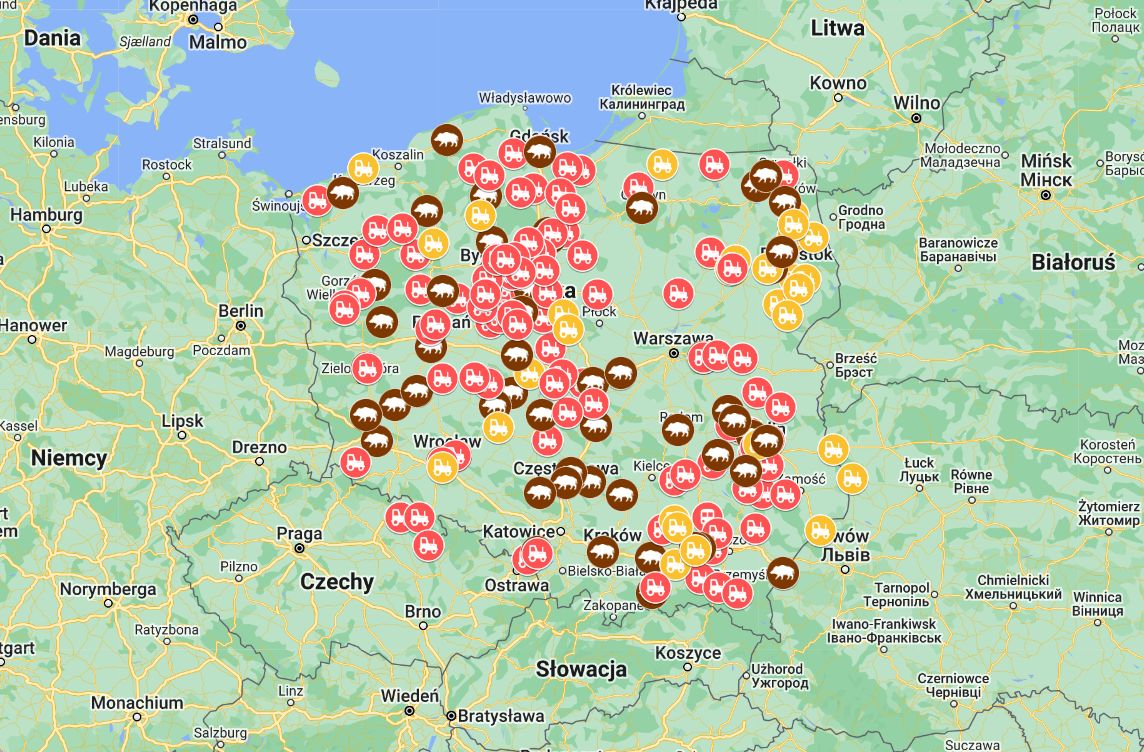 Mapa utrudnień w związku z protestem rolników