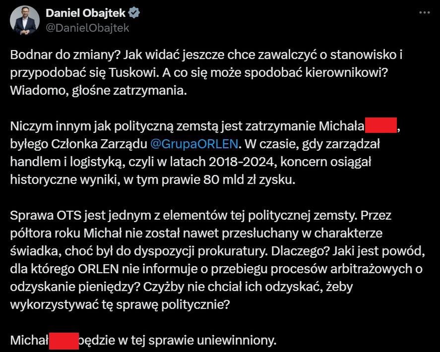 Daniel Obajtek broni Michała R.