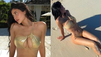 Kylie Jenner pręży się w złotym bikini. "Taka sylwetka po dwóch ciążach? Marzenie"