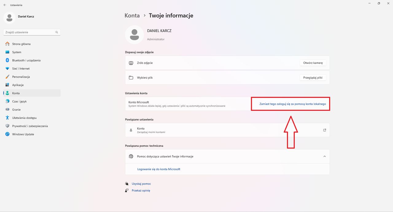Jak zmienić konto Microsoft na lokalne w Windows 11?