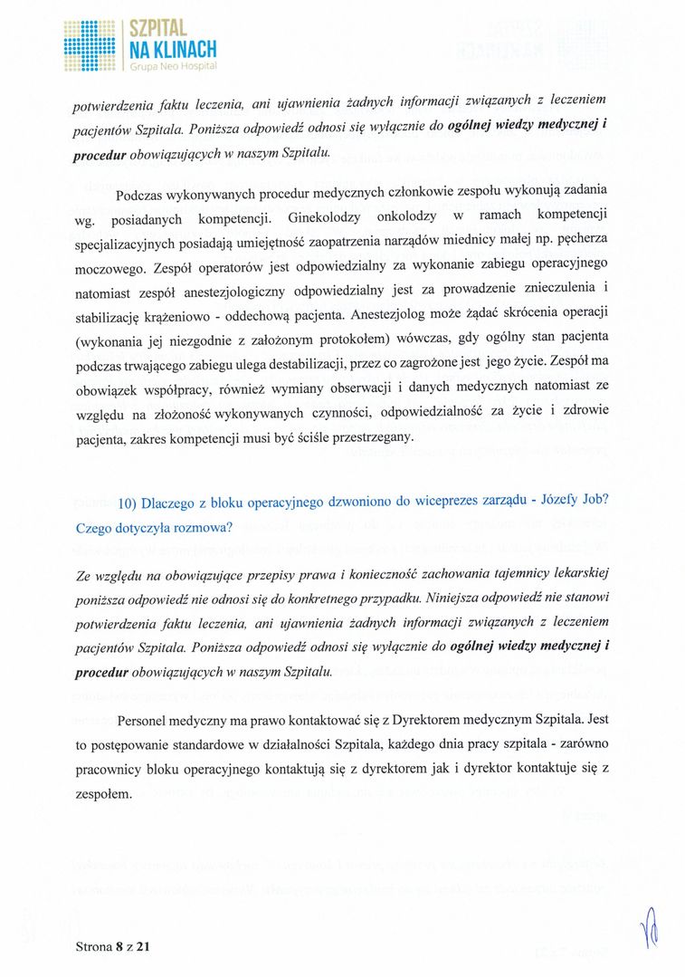 Odpowiedź Szpitala na Klinach na pytania Wirtualnej Polski