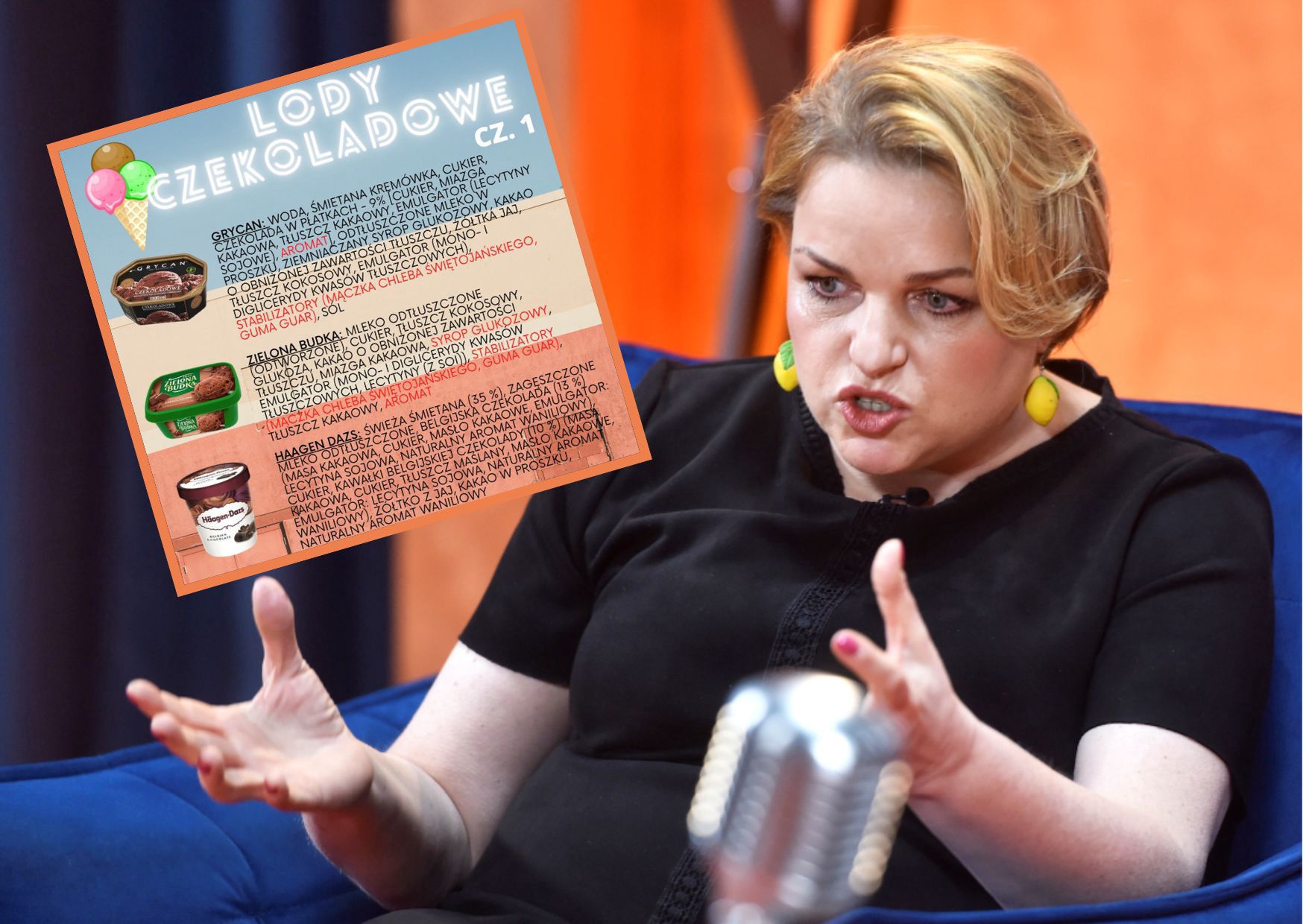 Katarzyna Bosacka sprawdza skład lodów czekoladowych
