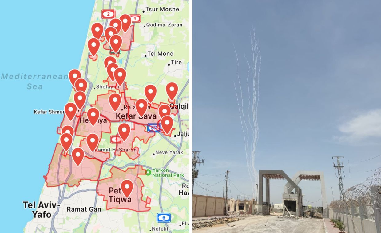 Alarm sirens wailed in central Israel. Rockets fired visible from Rafah.