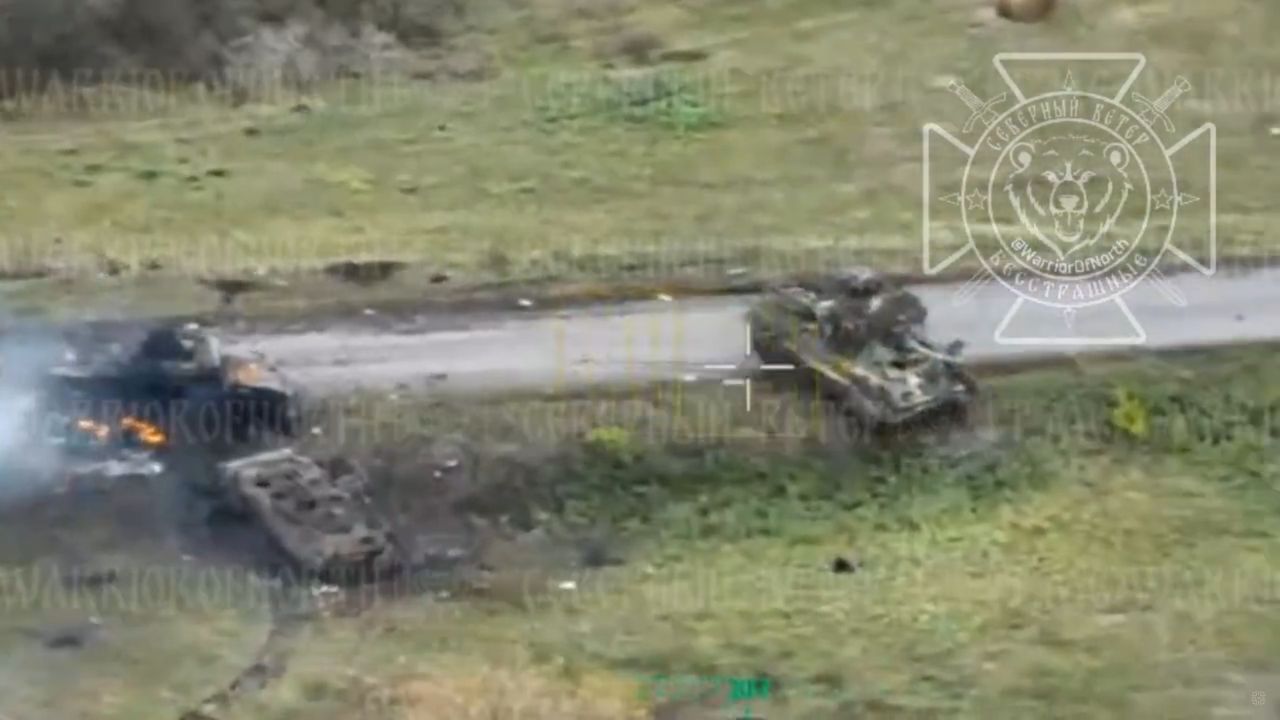 One of the many groups of Russian wrecks on the road of death in the Kursk region.