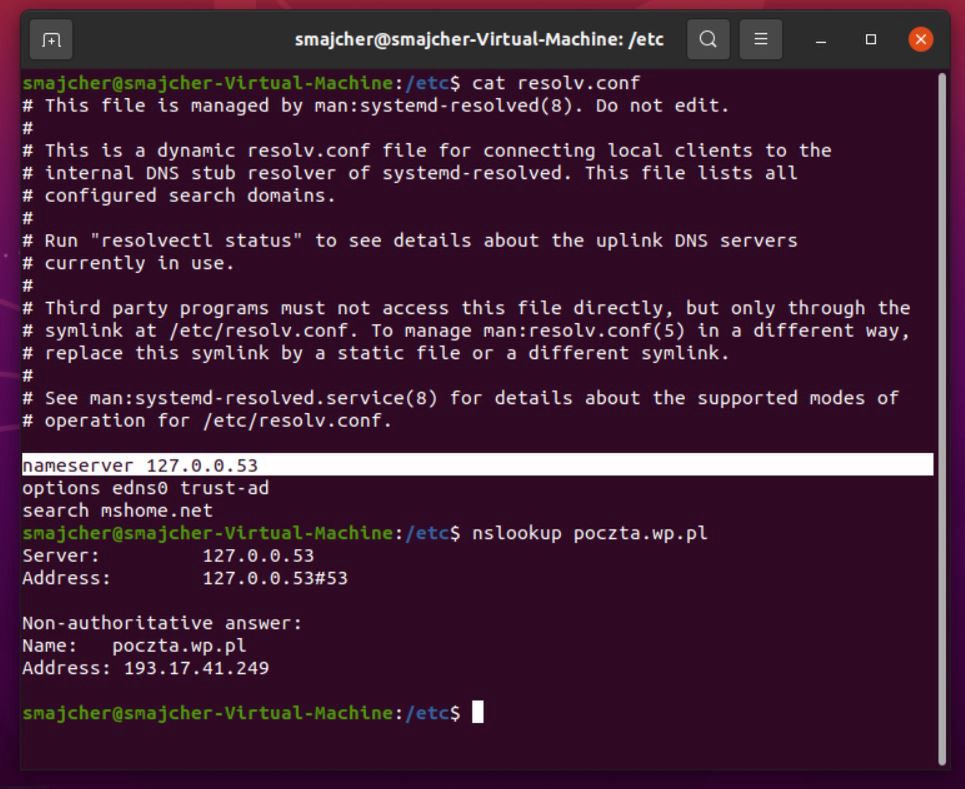 Zawartość pliku /etc/resolv.conf w systemie Ubuntu