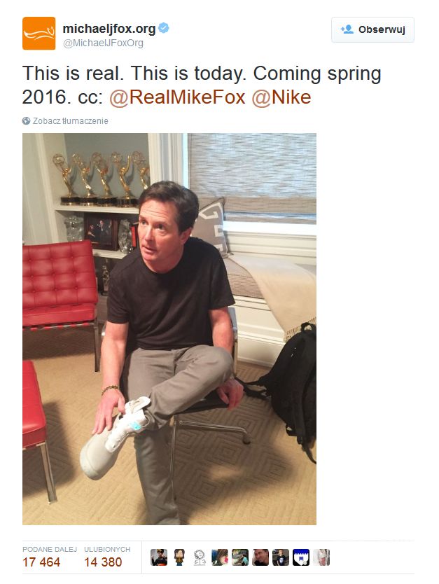 Michael J. Fox w pierwszej parze butów Nike Air Mag (fot. Twitter)