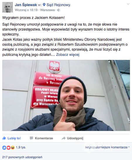 Jan Śpiewak wygrał w sądzie z Jackiem Kotasem