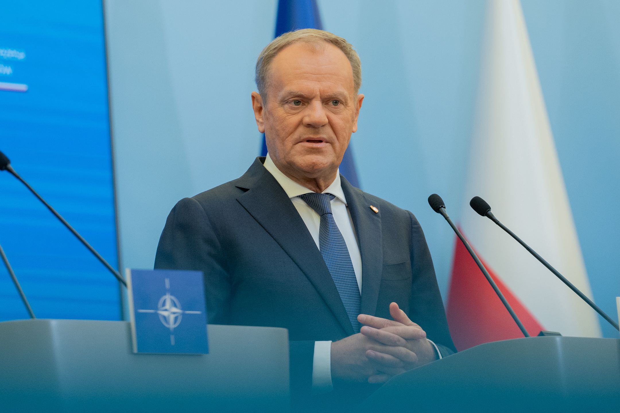WARSAW, POLAND - 2025/03/26: Prime Minister of Poland Donald Tusk speaks during a press conference. Polish Prime Minister Donald Tusk meets with NATO Secretary General Mark Rutte to discuss Europe's security, military challenges, and hybrid threats from Russia. They also address ongoing negotiations to halt Russian aggression in Ukraine. The meeting highlights NATO's role in collective security and regional stability. (Photo by Marek Antoni Iwanczuk/SOPA Images/LightRocket via Getty Images)