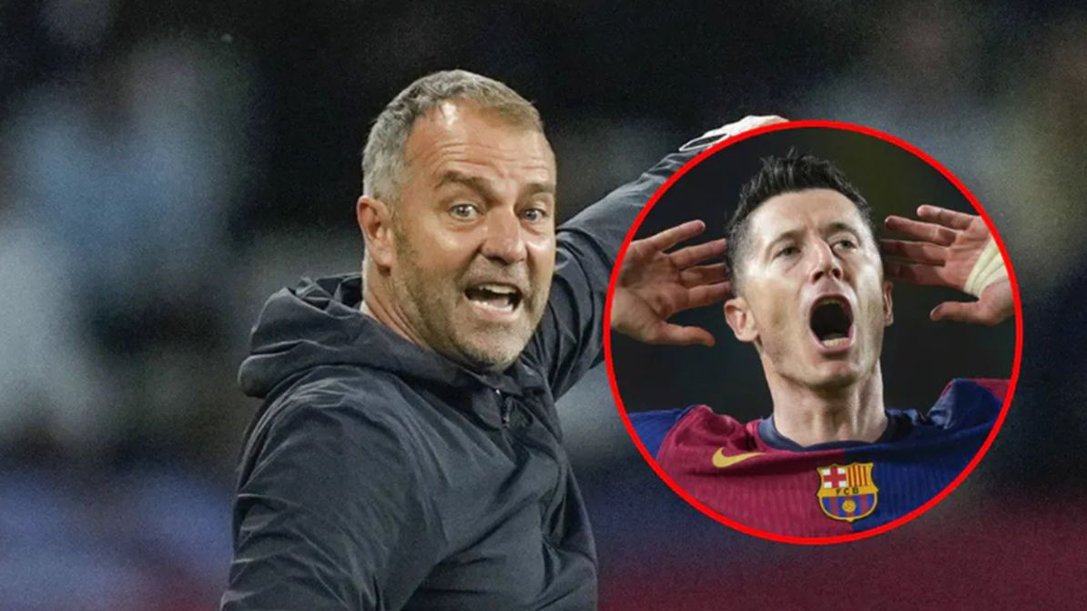 PAP/EPA / Enric Fontcuberta / Na zdjęciu od lewej: Hansi Flick i Robert Lewandowski