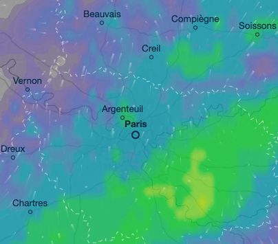 Mapa opadów w Paryżu o godzinie 20:00 / Źródło: Ventusky